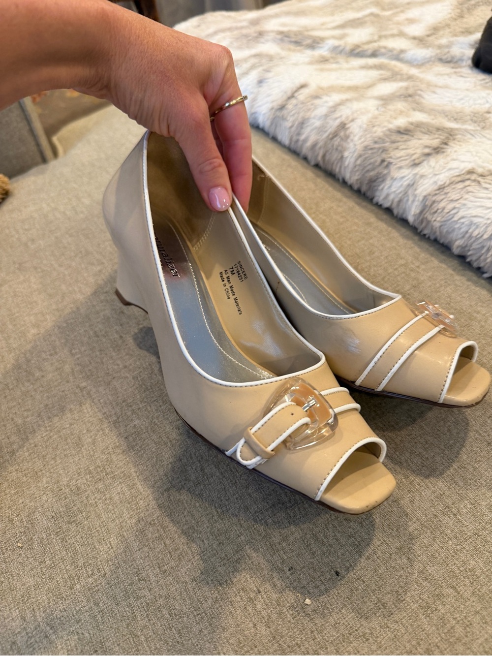 Naturalizer Beige Peep-Toe Wedges with White Trim and Clear Buckle